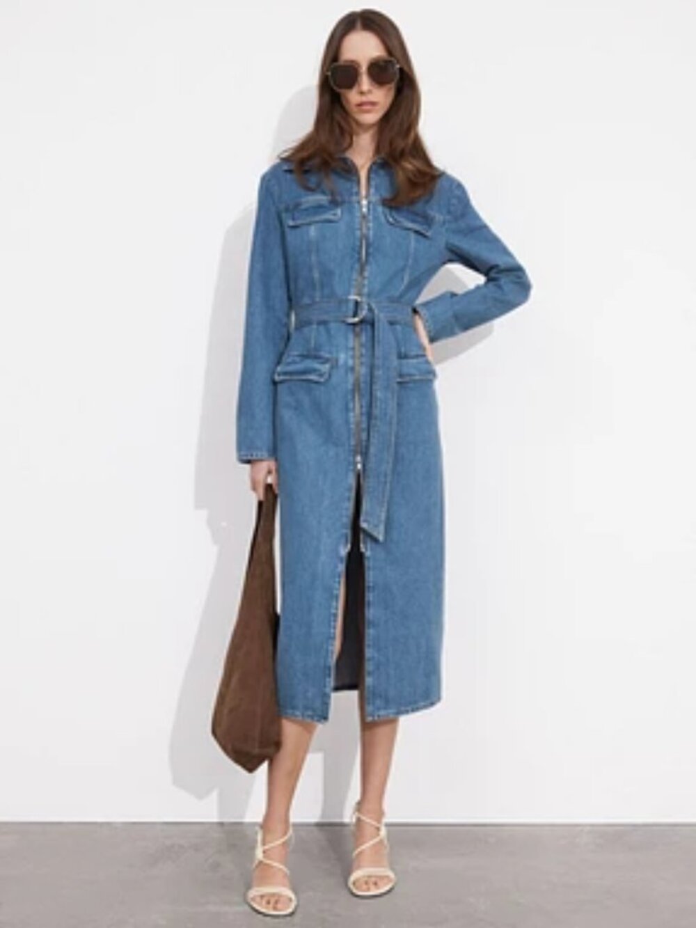 & Other Stories Belted Utility Denim Midi Dress Zip Front Size 4 EUR 36